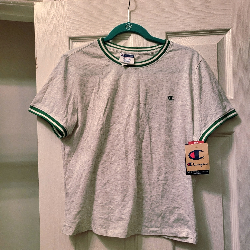 Champion Heather Gray Ringer Tee with Green Trim- Size Large